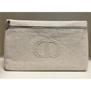 Dior Beauty Makeup Bag Clutch Beige Canvas Zip Pouch Cosmetic Travel Med‎ New
